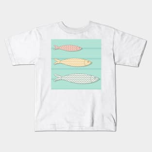 Traditional Portuguese icon. Colored sardines with geometric chevron patterns on wooden background. Kids T-Shirt